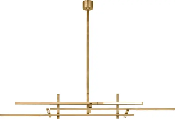 The Cityscape Stacked X-Large Linear Chandelier combines geometric sophistication with luxurious clear crystal elements. Its hand-rubbed antique brass finish and stacked crystal design create dramatic visual impact perfect for grand dining spaces and contemporary interiors. - alternate view