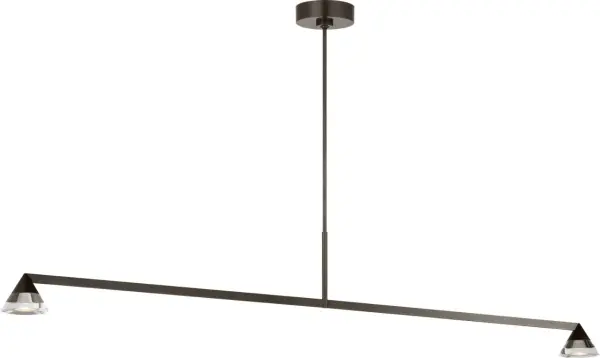 The Midrand transforms industrial geometry into sophisticated lighting art. Its 60-inch linear design features conical metal forms paired with crystal diffusers, delivering commanding yet refined illumination perfect for modern dining spaces and commercial settings.