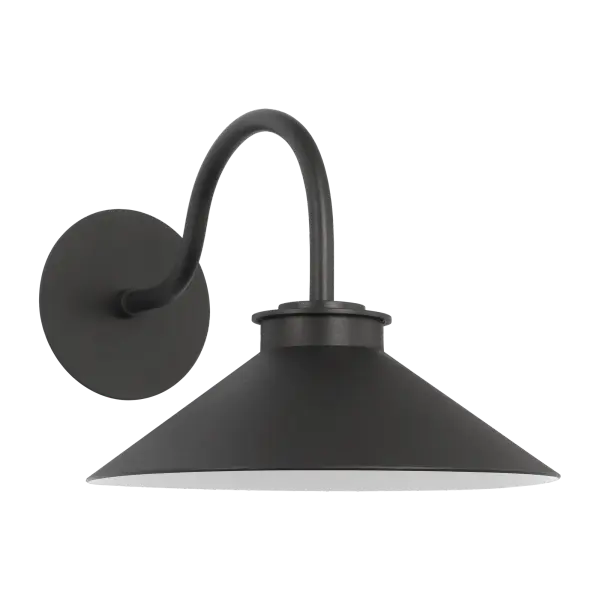 This medium wall lantern combines classic barn light aesthetics with contemporary refinement. The textured black finish and curved arm deliver timeless industrial style, while the painted white interior maximizes light output. - alternate view