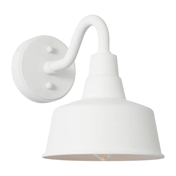 This small barn-style wall lantern combines rustic farmhouse aesthetics with modern StoneStrong durability. The textured white finish and clear glass shade create a welcoming glow perfect for entryways, porches, and patios.