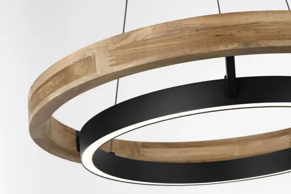 The Grace 24" Outdoor Chandelier combines contemporary design with natural materials. Solid teak outer ring develops a beautiful silvered patina over time, while integrated LED rings provide efficient bi-directional lighting. - alternate view