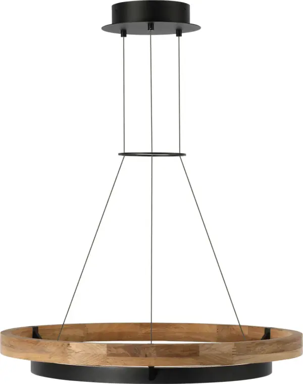 The Grace 30" Outdoor Chandelier combines solid teak wood with textured black metal in a striking concentric ring design. Integrated LED lights provide bi-directional illumination while the teak naturally patinas to a silvered finish over time.
