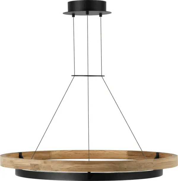 The Grace 36" Outdoor Chandelier combines contemporary design with natural materials, featuring concentric rings of solid teak and textured black metal. Integrated LED lighting provides bi-directional illumination while the teak naturally weathers to a beautiful silvered patina over time.