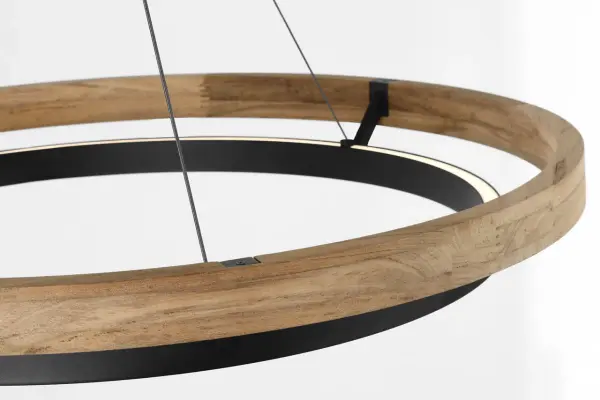 The Grace 36" Outdoor Chandelier combines contemporary design with natural materials, featuring concentric rings of solid teak and textured black metal. Integrated LED lighting provides bi-directional illumination while the teak naturally weathers to a beautiful silvered patina over time. - alternate view