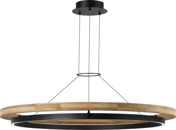 The Grace outdoor chandelier combines modern design with natural materials. Its 48" diameter features concentric rings—solid teak outer ring that develops a beautiful silvered patina, and a Nightshade Black inner ring with integrated bi-directional LED lighting.