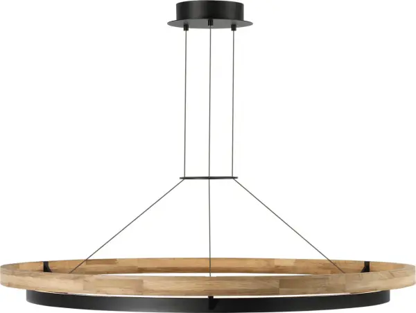 The Grace outdoor chandelier combines modern design with natural materials. Its 48" diameter features concentric rings—solid teak outer ring that develops a beautiful silvered patina, and a Nightshade Black inner ring with integrated bi-directional LED lighting. - alternate view