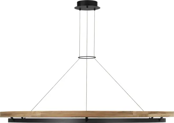 The Grace 65" Outdoor Chandelier makes a bold architectural statement with its concentric ring design. Solid teak outer ring naturally weathers to a silvered finish, while integrated LED lighting provides sophisticated bi-directional illumination. - alternate view