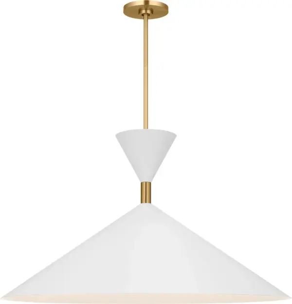 The Bodhi pendant makes a bold design statement with its substantial 30-inch scale and warm burnished brass finish. Perfect for creating a focal point over dining tables or kitchen islands in contemporary spaces.