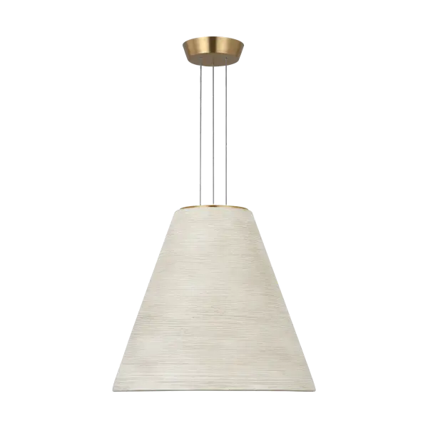 The Karam Tapered Medium Pendant combines a soft cream fabric shade with natural brass hardware for a refined, versatile look. Its warm 2700K LED with 90 CRI delivers restaurant-quality lighting perfect for dining spaces.