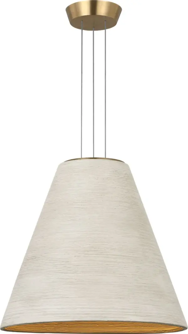 The Karam Tapered Medium Pendant combines a soft cream fabric shade with natural brass hardware for a refined, versatile look. Its warm 2700K LED with 90 CRI delivers restaurant-quality lighting perfect for dining spaces. - alternate view