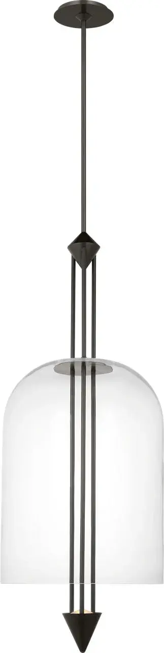 The Cathedral X-Large Pendant commands attention with its substantial scale and refined dark bronze finish. Clear glass panels showcase warm 2700K LED lighting with exceptional 90 CRI color rendering, ideal for grand spaces.