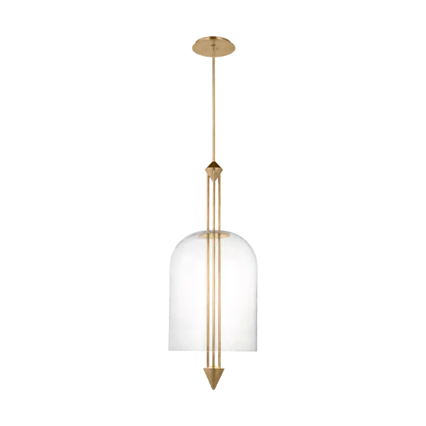 The Cathedral X-Large Pendant makes a bold architectural statement with its grand scale and warm Natural Brass finish. Clear glass panels showcase 2700K LED lighting with exceptional 90 CRI color rendering, perfect for high-ceiling spaces.