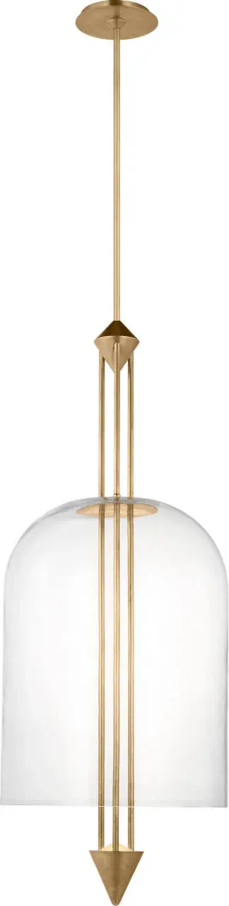 The Cathedral X-Large Pendant makes a bold architectural statement with its grand scale and warm Natural Brass finish. Clear glass panels showcase 2700K LED lighting with exceptional 90 CRI color rendering, perfect for high-ceiling spaces. - alternate view