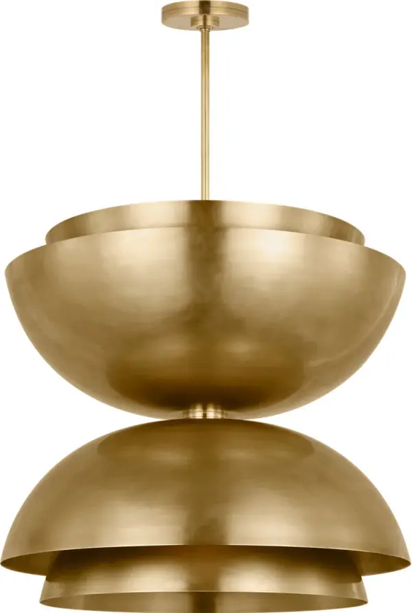 The Shanti Grande Double Pendant combines sculptural design with warm Natural Brass finish, creating a sophisticated focal point. High-quality 2700K LED with 90 CRI ensures beautiful, accurate color rendering.