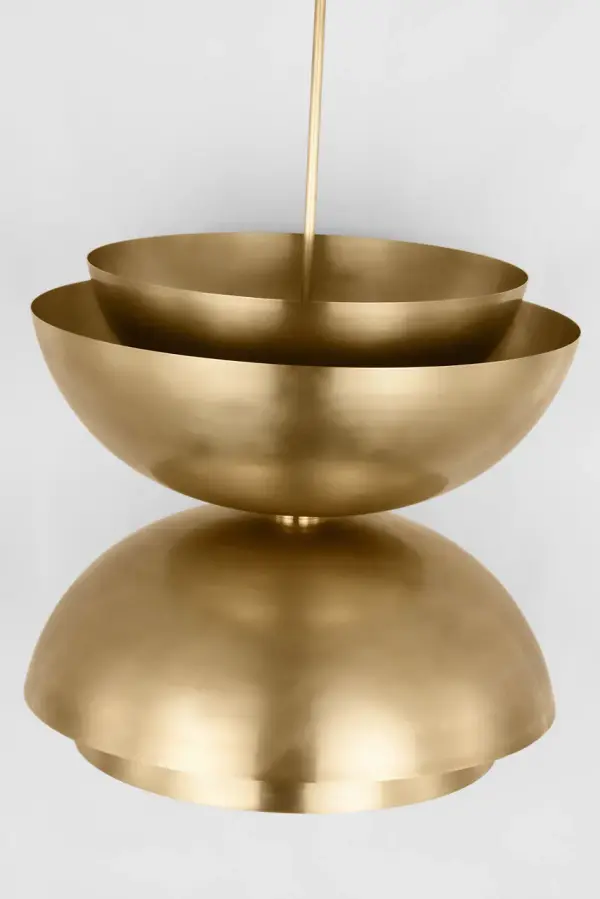 The Shanti Grande Double Pendant combines sculptural design with warm Natural Brass finish, creating a sophisticated focal point. High-quality 2700K LED with 90 CRI ensures beautiful, accurate color rendering. - alternate view