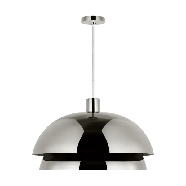 The Shanti Grande Pendant delivers dramatic scale and sophisticated presence with its polished nickel finish and warm 2700K LED lighting. High 90 CRI ensures exceptional color rendering for discerning spaces.