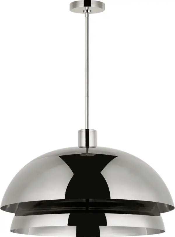 The Shanti Grande Pendant delivers dramatic scale and sophisticated presence with its polished nickel finish and warm 2700K LED lighting. High 90 CRI ensures exceptional color rendering for discerning spaces. - alternate view