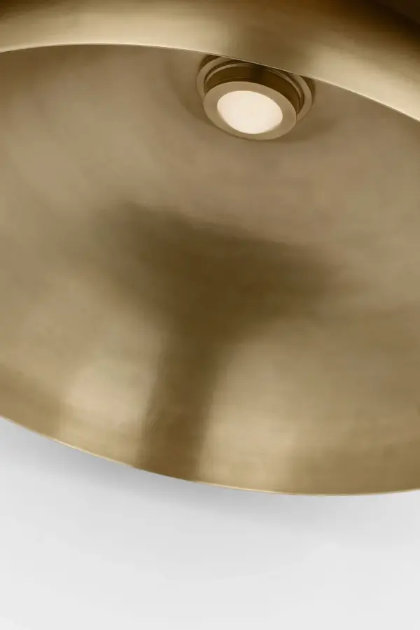 The Shanti Grande Pendant makes a bold architectural statement with its substantial scale and warm Natural Brass finish. High-quality 2700K LED with 90 CRI delivers beautiful, accurate color rendering perfect for dining and entertaining spaces. - alternate view