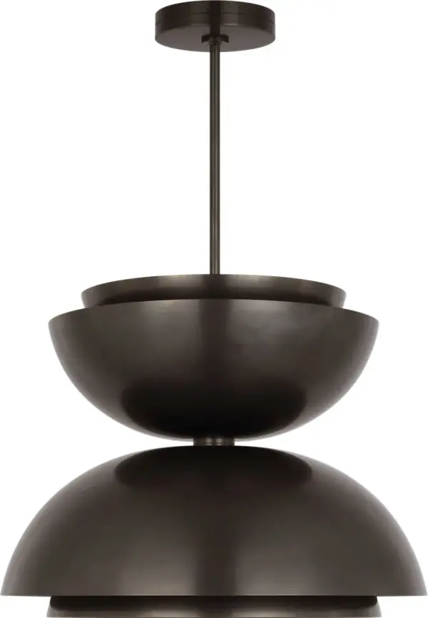 The Shanti X-Large Double Asymmetric Pendant combines sculptural design with warm 2700K lighting and exceptional 90 CRI color rendering. Its dark bronze finish and asymmetric form create visual interest in large spaces.
