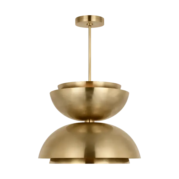 The Shanti X-Large Double Asymmetric Pendant makes a bold architectural statement with its unique asymmetric design and warm natural brass finish. High-quality 2700K LED with 90 CRI delivers beautiful warm light.