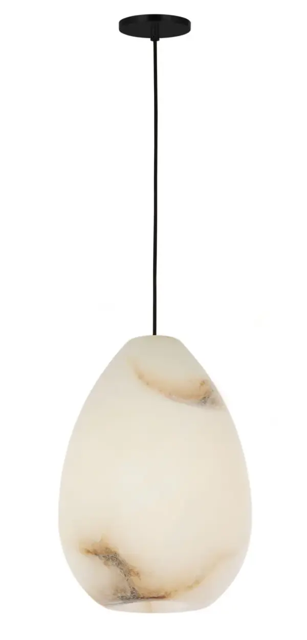 The Alina Small Pendant showcases hand-carved Polish alabaster with unique natural veining. Its teardrop silhouette and soft ambient glow create understated luxury, while the adjustable black cord offers installation versatility. - alternate view
