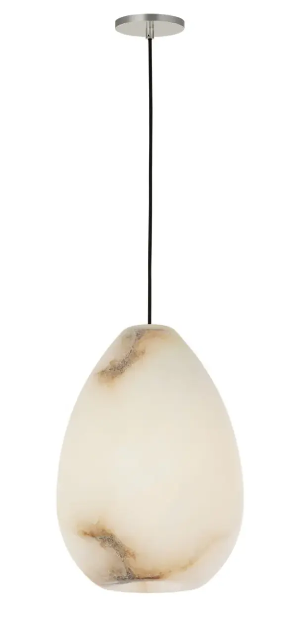 The Alina Small Pendant showcases hand-carved Polish alabaster with unique organic veining, creating soft ambient illumination. Its refined teardrop silhouette and adjustable black fabric cord offer versatile installation options for contemporary spaces. - alternate view