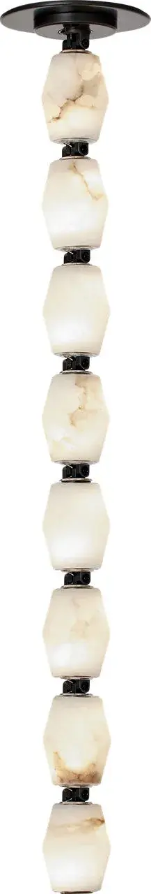 The Collier pendant combines natural alabaster with a refined bronze finish, creating sophisticated ambient lighting. At 24 inches, it's perfectly sized for dining areas and kitchen islands, offering warm 3000K illumination with remote control convenience.
