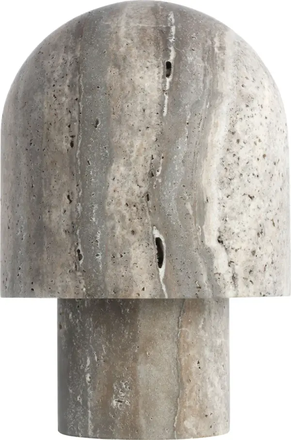 The Kennett Small Table Lamp brings refined organic design to your space with its mushroom-inspired form crafted from natural travertine. Each piece is unique with subtle variations in tone and texture, offering warm 2700K illumination. - alternate view