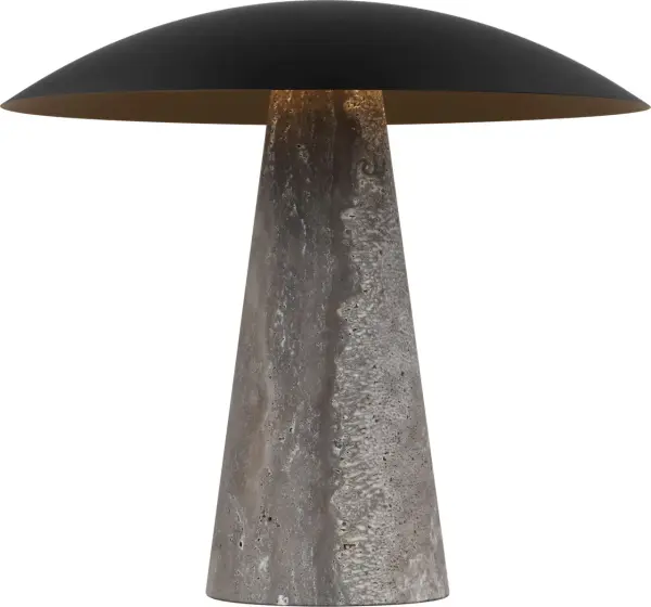 The Aegis Medium Table Lamp combines the organic beauty of dark travertine stone with refined dark bronze metalwork. Featuring integrated 2700K LED with 90 CRI for exceptional color rendering, this lamp brings warmth and natural elegance to any space.