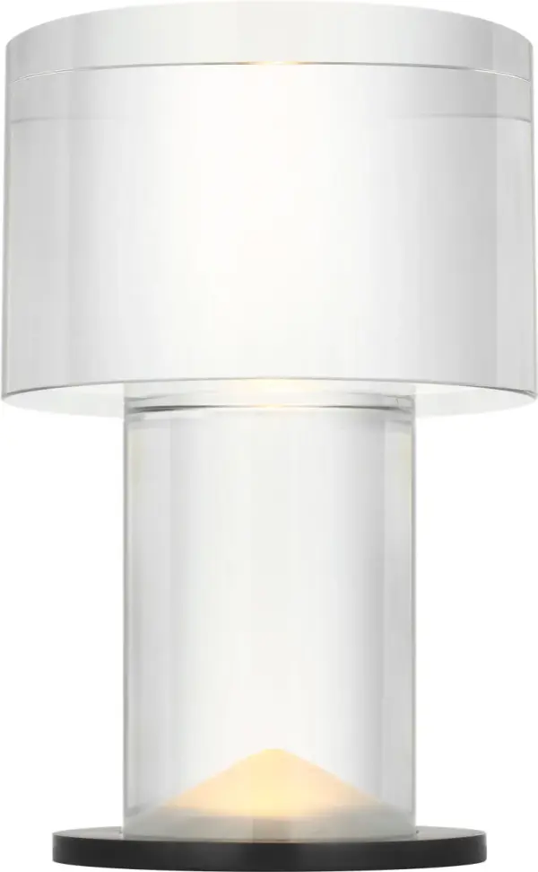 The Beryl table lamp combines translucent crystal artistry with modern brass detailing. Its cylindrical design features an etched concave base and integrated LED lighting, creating an inviting ambient glow perfect for contemporary interiors.