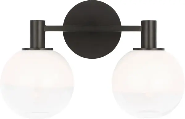 The Torian 2-Light Vanity combines industrial charm with transitional elegance. Its aged iron finish and clear glass shades provide excellent task lighting while adding character to bathroom spaces. - alternate view