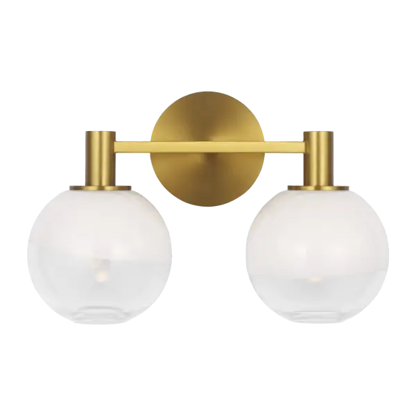The Torian 2-Light Vanity combines warm burnished brass with classic glass globes for sophisticated bathroom lighting. Its transitional design bridges traditional and contemporary styles, making it versatile for various decor schemes.