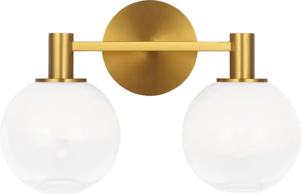 The Torian 2-Light Vanity combines warm burnished brass with classic glass globes for sophisticated bathroom lighting. Its transitional design bridges traditional and contemporary styles, making it versatile for various decor schemes. - alternate view