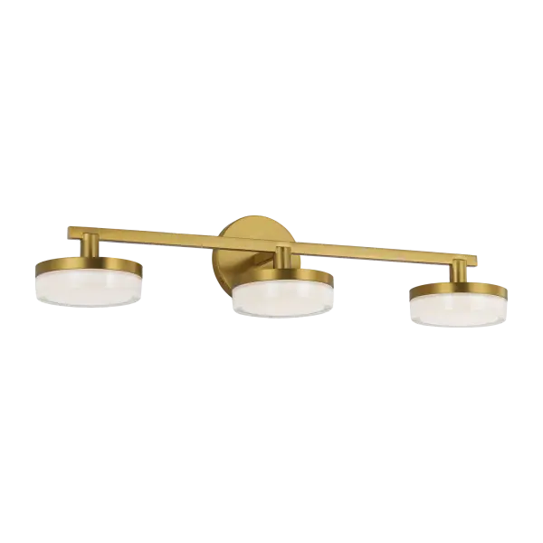 The Khan Large Vanity Sconce combines contemporary design with timeless brass finish, featuring three lights for optimal illumination. Perfect for modern bathrooms seeking both style and function.