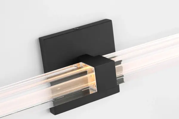 The Reiya Square 30" Vanity combines structured elegance with functional versatility. Its layered diffuser system—clear outer tube with etched inner core—delivers refined, balanced LED illumination perfect for wider vanities and double-sink configurations. - alternate view