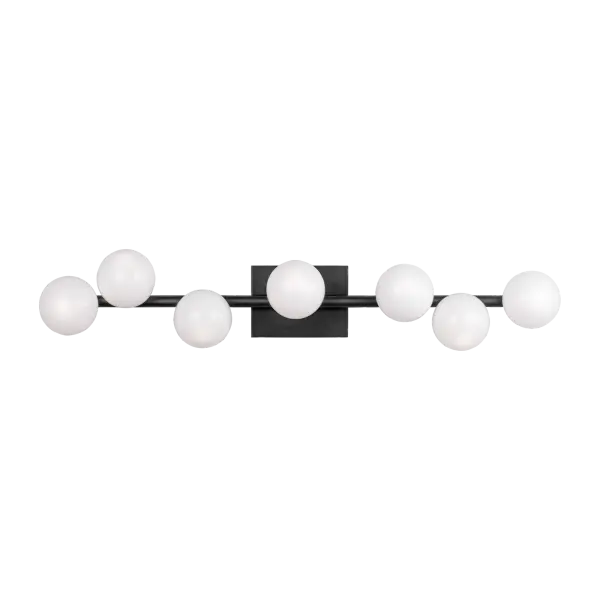 The Altair vanity light combines transitional elegance with industrial charm through its aged iron finish and generous 7-light configuration, providing exceptional illumination for larger bathroom spaces.