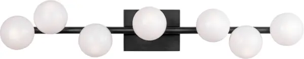 The Altair vanity light combines transitional elegance with industrial charm through its aged iron finish and generous 7-light configuration, providing exceptional illumination for larger bathroom spaces. - alternate view