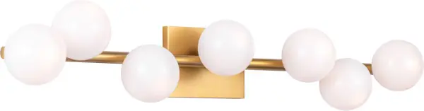 The Altair vanity light combines classic elegance with modern functionality, featuring seven lights in a burnished brass finish. Perfect for larger bathrooms requiring ample illumination with style.