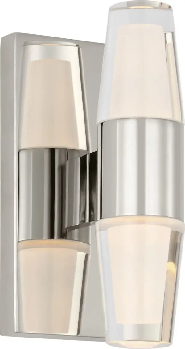 The Lassell Single Short Sconce combines minimalist design with luxe materials. Featuring laser-etched crystal tubes and polished nickel hardware, it delivers refined illumination perfect for modern interiors. - alternate view