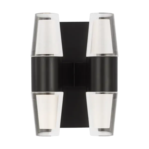 The Lassell Double Short Sconce combines oversized blown glass crystal tubes with delicate brass arms for a striking modern aesthetic. Perfect for adding sophisticated ambient lighting to contemporary interiors.