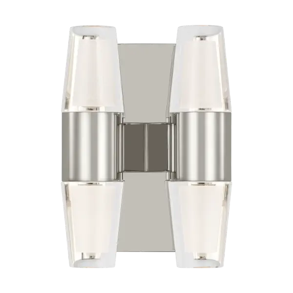 The Lassell Double Short Sconce combines oversized blown glass crystal tubes with delicate brass arms for a striking modern aesthetic. Perfect for adding sophisticated ambient lighting to bathrooms, hallways, and bedrooms.