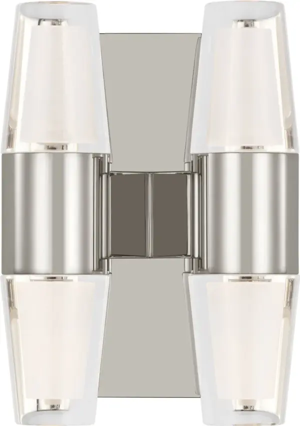The Lassell Double Short Sconce combines oversized blown glass crystal tubes with delicate brass arms for a striking modern aesthetic. Perfect for adding sophisticated ambient lighting to bathrooms, hallways, and bedrooms. - alternate view