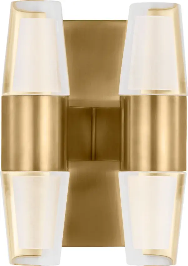 The Lassell Double Short Sconce combines delicate natural brass arms with laser-etched crystal tubes for a sophisticated, minimalist aesthetic. Oversized in scale with blown glass elements, it serves as a stunning focal point in modern spaces. - alternate view