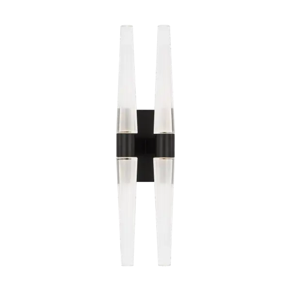 The Lassell Double Tall Sconce combines blown glass crystal tubes with delicate brass arms in a dark bronze finish, creating a striking focal point for modern interiors. Its oversized scale and minimalist design make it ideal for statement lighting.