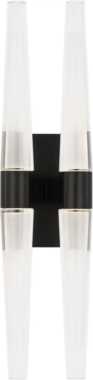 The Lassell Double Tall Sconce combines blown glass crystal tubes with delicate brass arms in a dark bronze finish, creating a striking focal point for modern interiors. Its oversized scale and minimalist design make it ideal for statement lighting. - alternate view
