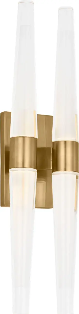 The Lassell Double Tall Sconce combines delicate natural brass arms with laser-etched crystal tubes for a stunning focal point. Its oversized scale and minimalist design make it perfect for modern spaces seeking sophisticated illumination. - alternate view