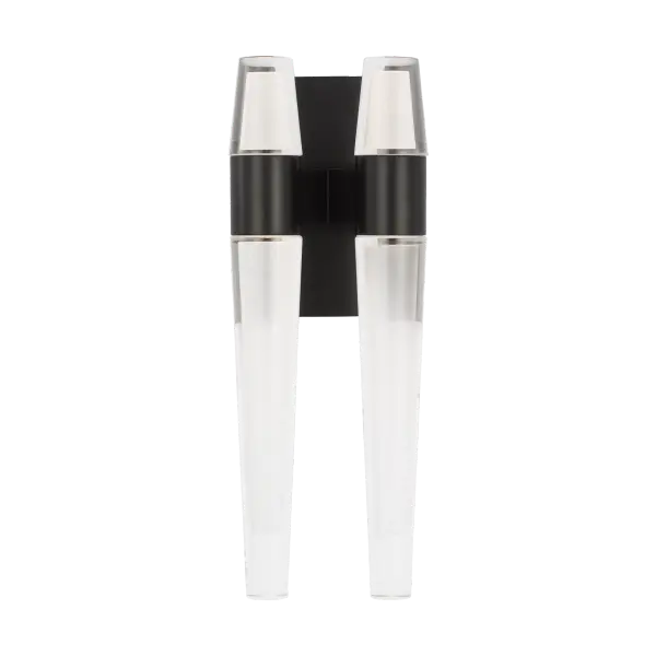 The Lassell Double Sconce combines blown glass crystal tubes with delicate brass arms in an oversized design. Perfect for modern and contemporary spaces seeking a statement piece with minimalist elegance.