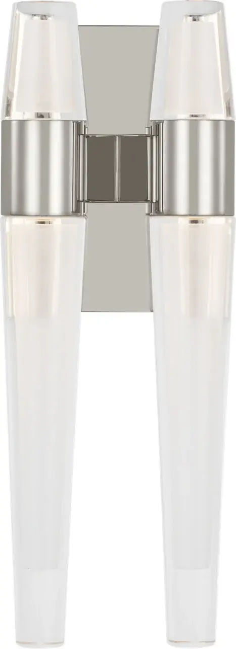 The Lassell Double Sconce combines blown glass crystal tubes with delicate brass arms for a striking modern statement. Its oversized scale and minimalist design make it ideal for contemporary spaces seeking a luxurious focal point. - alternate view