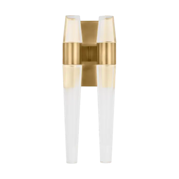 The Lassell Double Sconce combines delicate natural brass arms with laser-etched crystal tubes for a stunning modern statement. Its oversized scale and minimalist design make it perfect for contemporary spaces seeking refined sophistication.