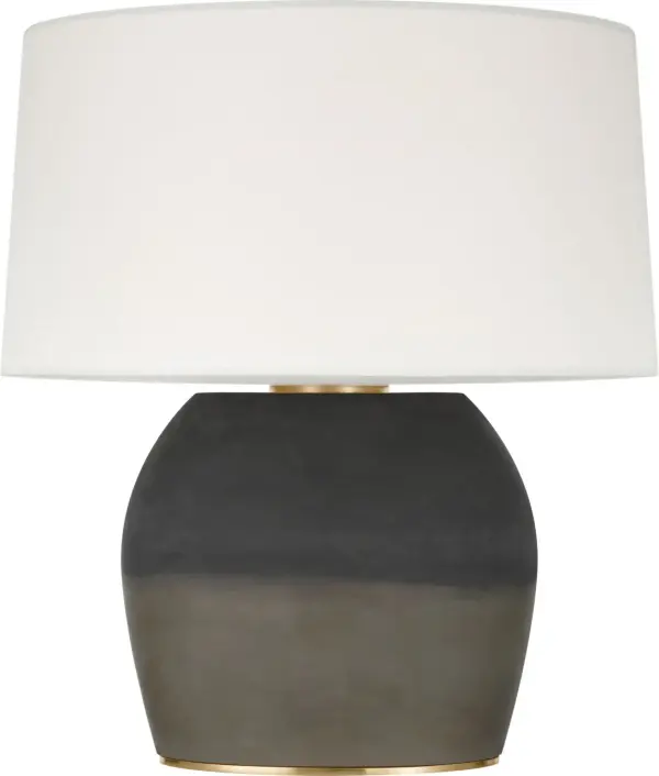 The 1969 Oval Form Table Lamp combines sculptural ceramic artistry with warm goldenrod tones and smoky accents. Its distinctive oval silhouette and linen shade create sophisticated ambient lighting perfect for modern interiors.